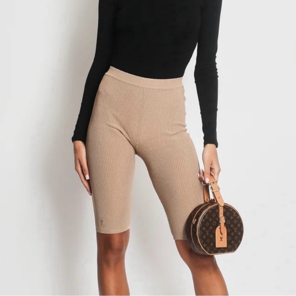 YSL Saint Laurent Biker Beige  Shorts Ribbed Knit High-Waisted Stretch